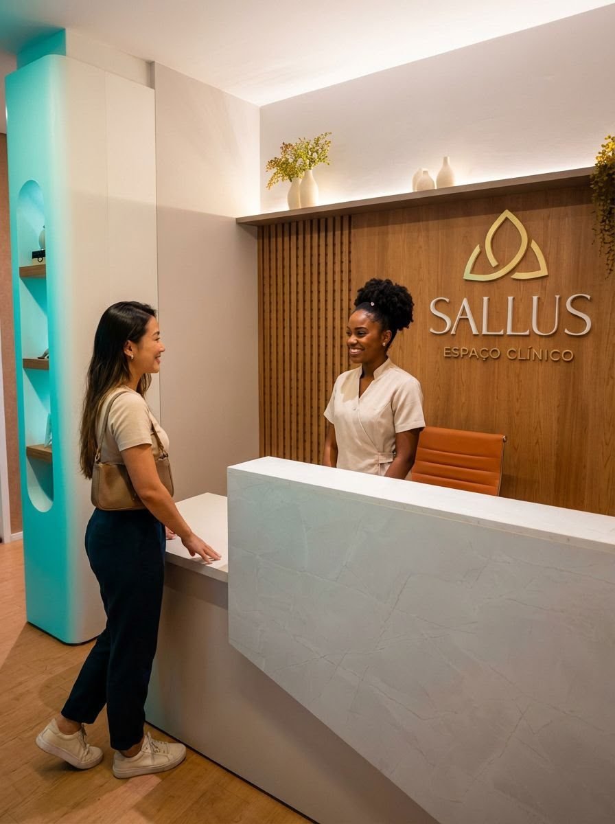 Recepcionista da Sallus Espaço Clínico atendendo uma paciente no balcão da recepção